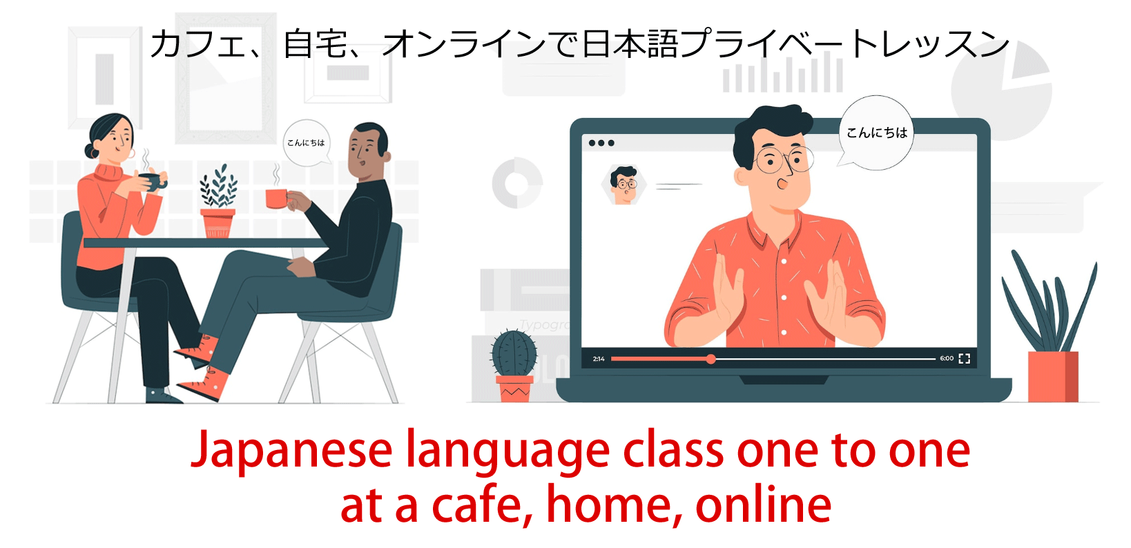Japanese language class at a cafe, home, online
